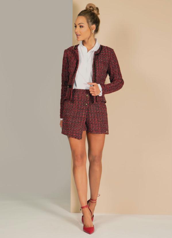 Quintess - Short Saia em Tweed Vermelho e Preto com Botões 3