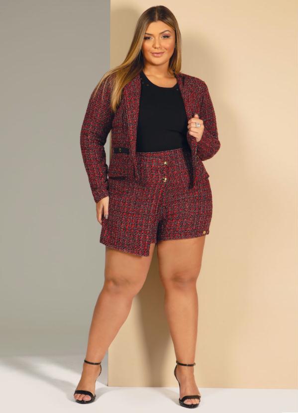 Quintess - Short Saia em Tweed Vermelho e Preto com Botões 5