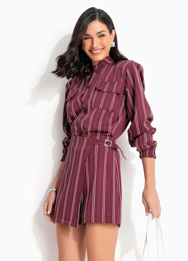 Quintess - Short Saia Listras Bordô em Tecido Alfaiataria 5