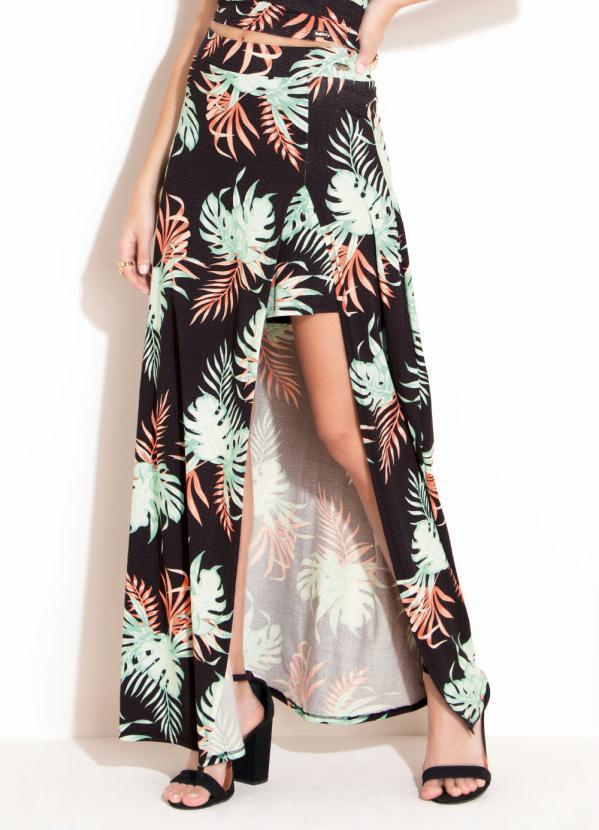 Quintess - Short Saia Longa com Fenda Folhagens Preto