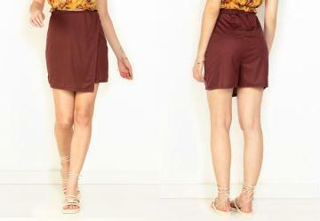 Short Saia Marrom com Sobreposio com Amarrao