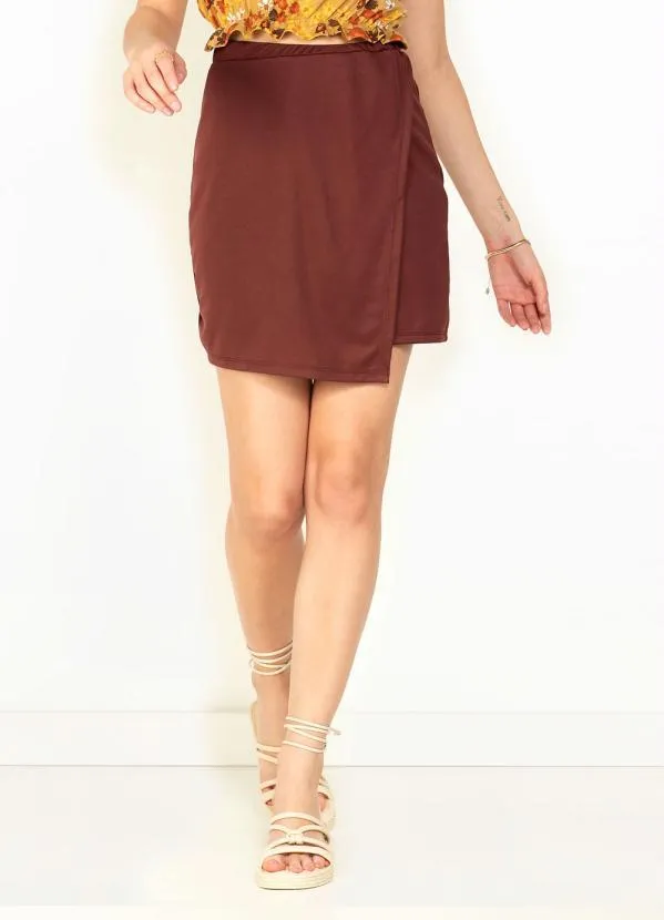 Moda Pop - Short Saia Marrom com Sobreposição com Amarração