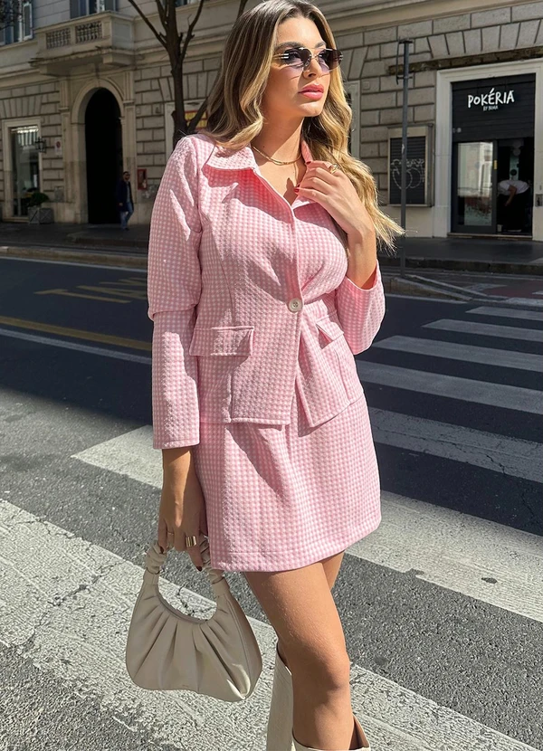 Quintess - Shorts Saia Xadrez Rosa em Malha Jacquard 3