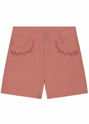 Marialícia - Short Feminino Sarja Bordado Floral Rosa - MARIALÍCIA