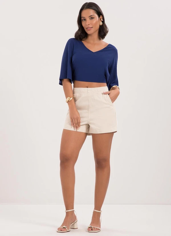 Lunender - Shorts Bomber de Cintura Média em Sarja Bege 3