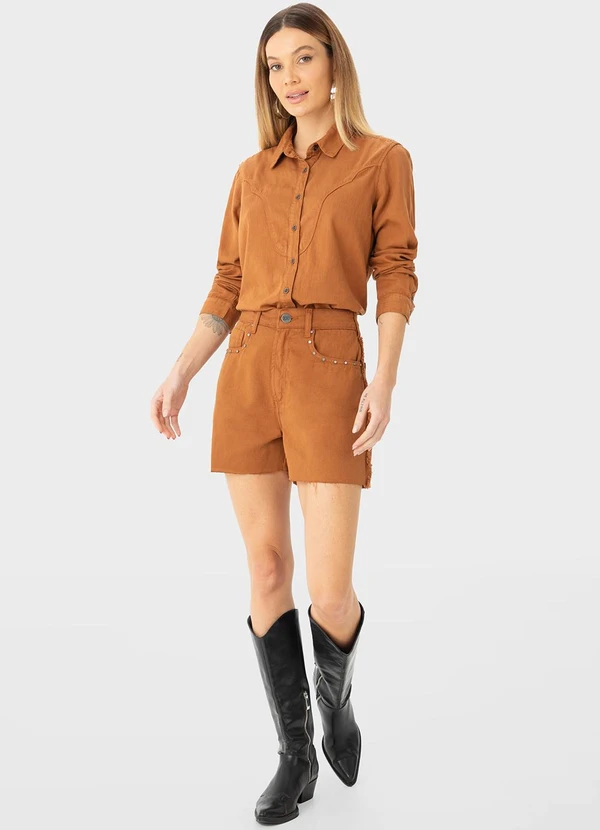 Enfim - Shorts Cintura Alta em Sarja Marrom 2