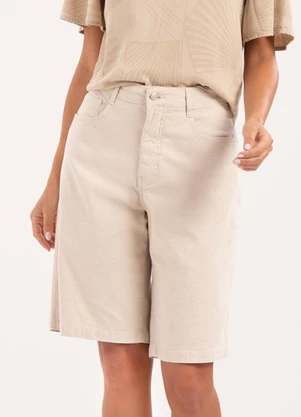 Lunender - Shorts de Cintura Alta em Sarja e Linho Bege - LUNENDER
