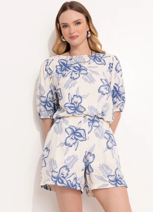 Quintess - Short Floral Grande Azul em Linho 5