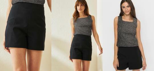 Short Preto em Viscose Plana Sarjada