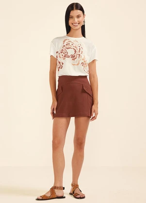 Marialícia - Short Saia Feminino Recortes Lapela Marrom - MARIALÍCIA