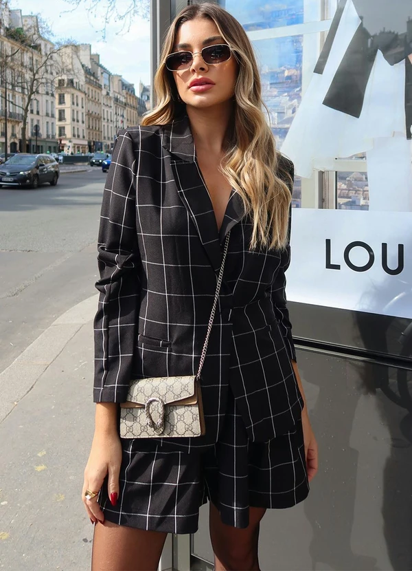 Quintess - Short Xadrez Grid em Tecido de Alfaiataria 8