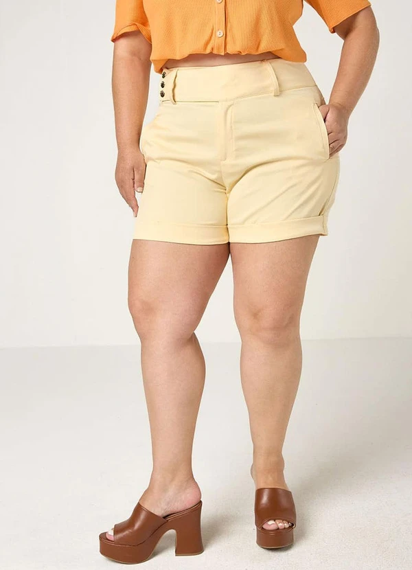 Elegance - Shorts Alfaiataria Detalhe Cos Largo Bege Concha