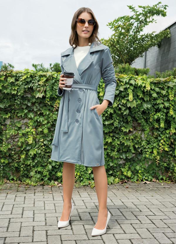 Quintess - Sobretudo Alongado Azul com Faixa e Botões 3