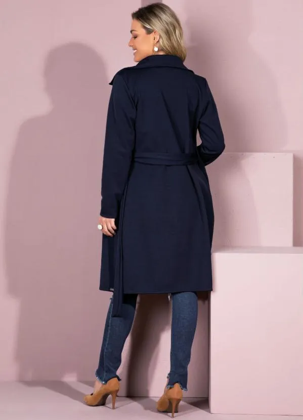 Quintess - Sobretudo Alongado Marinho com Faixa e Botões 7