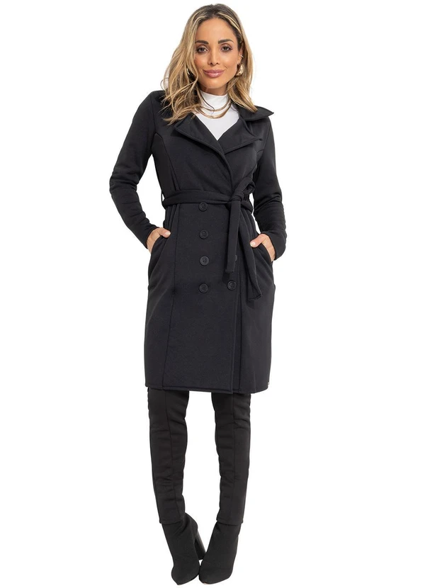 Quintess - Sobretudo Alongado Preto com Faixa e Botões 3