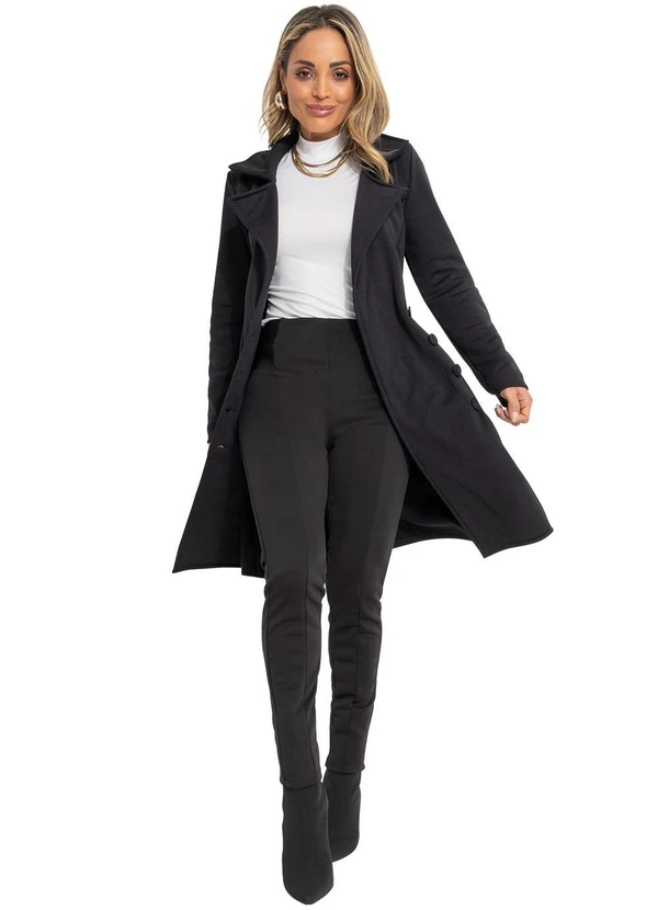 Quintess - Sobretudo Alongado Preto com Faixa e Botões 6