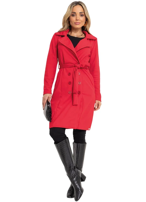 Quintess - Sobretudo Alongado Vermelho com Faixa e Botões 3