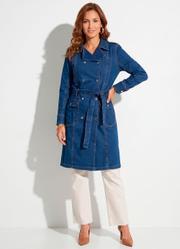 Sobretudo Jeans com Bolsos Frontais e Faixa