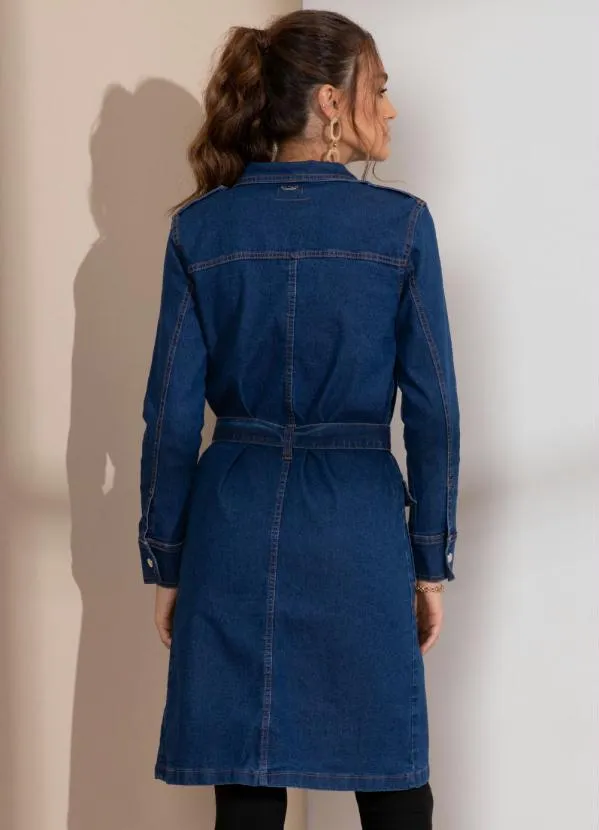 Quintess - Sobretudo Jeans com Bolsos Frontais e Faixa 9