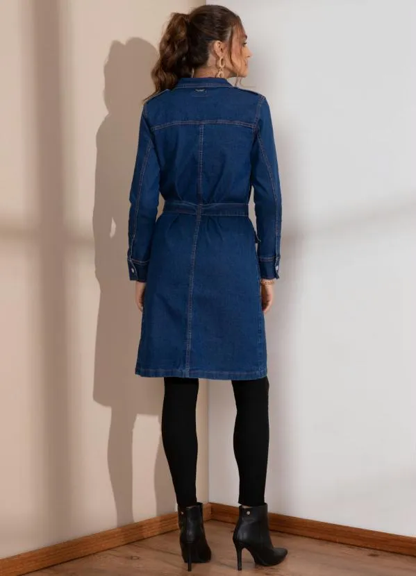 Quintess - Sobretudo Jeans com Bolsos Frontais e Faixa 7