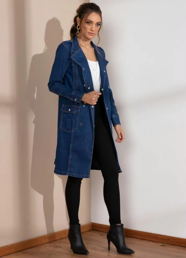 Quintess - Sobretudo Jeans com Bolsos Frontais e Faixa 6