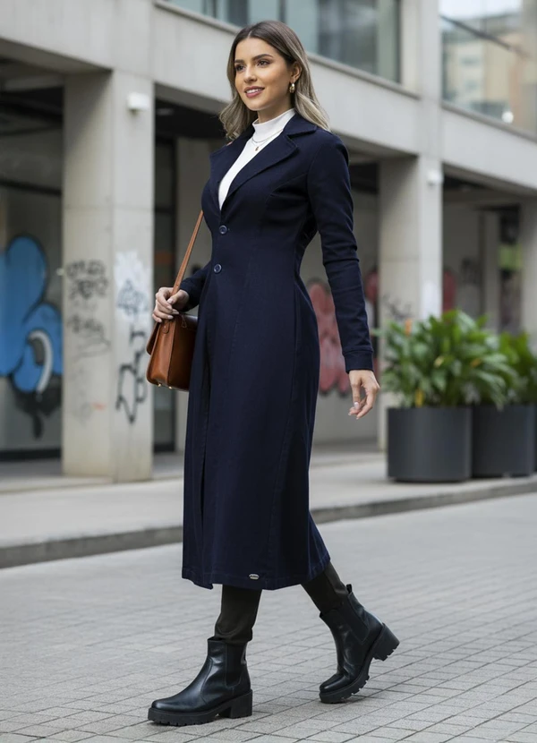 Quintess - Sobretudo Jeans Escuro com Gola e Bolsos 6