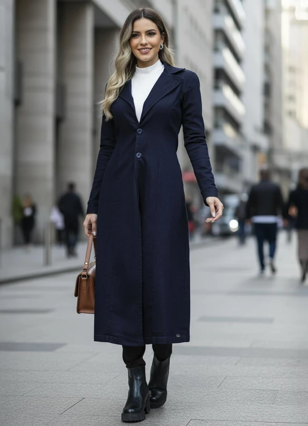 Quintess - Sobretudo Jeans Escuro com Gola e Bolsos 5