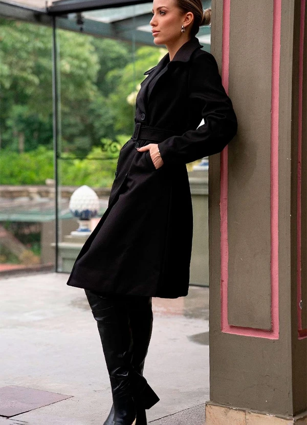 Hiatto Confecção - Sobretudo Longo Lã Batida Canelada Preto 2