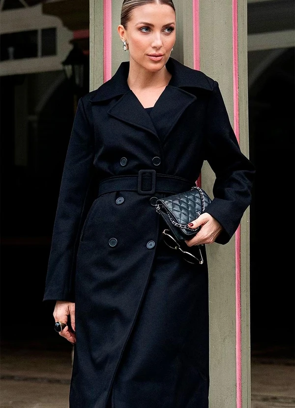 Hiatto Confecção - Sobretudo Longo Lã Batida Canelada Preto 4