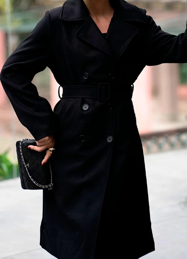 Hiatto Confecção - Sobretudo Longo Lã Batida Canelada Preto 6