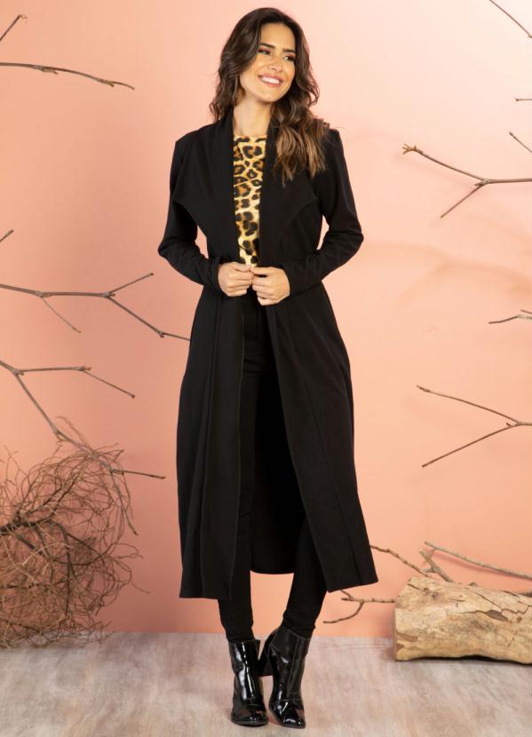 Quintess - Sobretudo Longo Preto com Bolsos 7