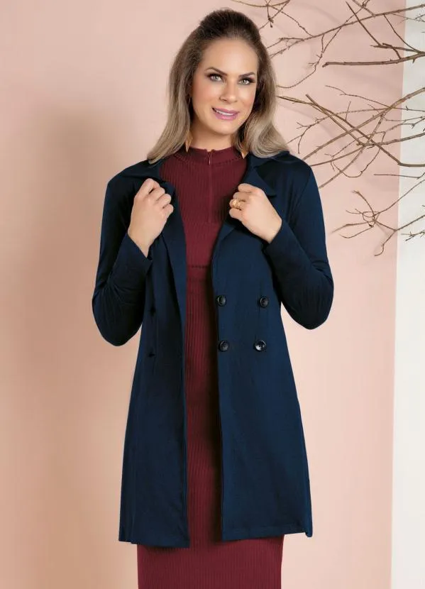Moda Pop - Sobretudo Marinho com 4 Botões Frontais 2