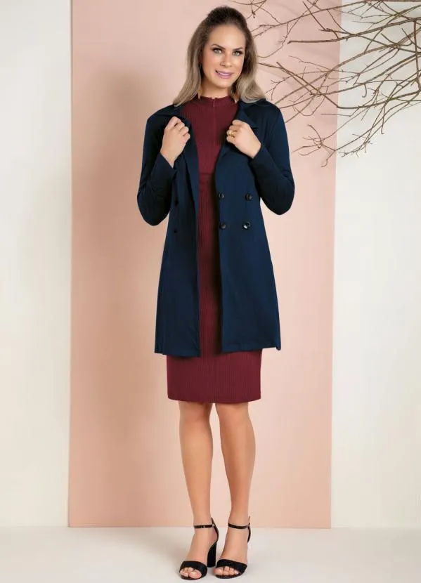 Moda Pop - Sobretudo Marinho com 4 Botões Frontais 5