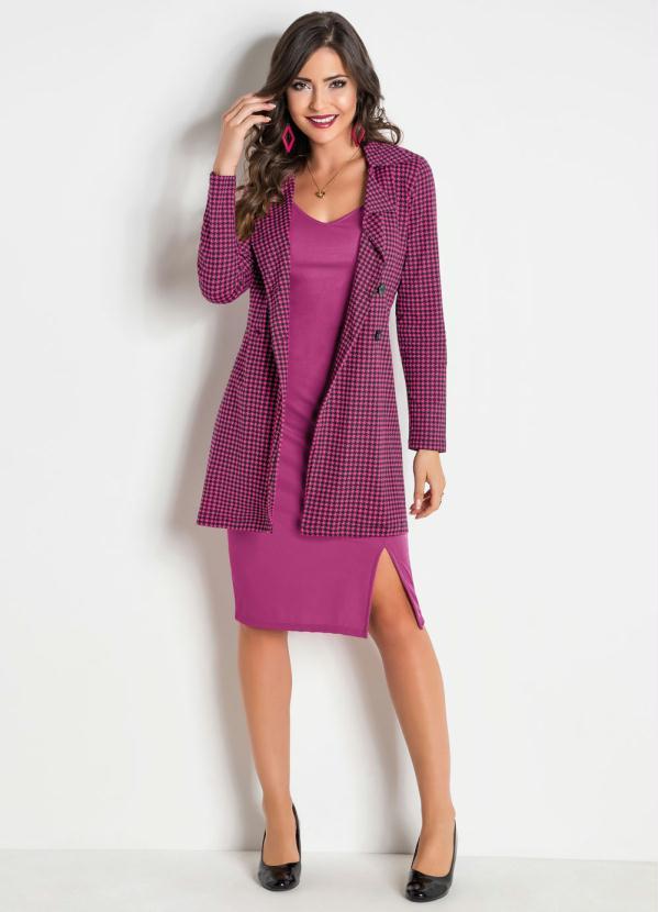 Moda Pop - Sobretudo Pied Poule Pink com Botões Frontais 3