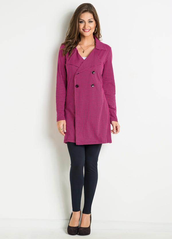 Moda Pop - Sobretudo Pied Poule Pink com Botões Frontais 4