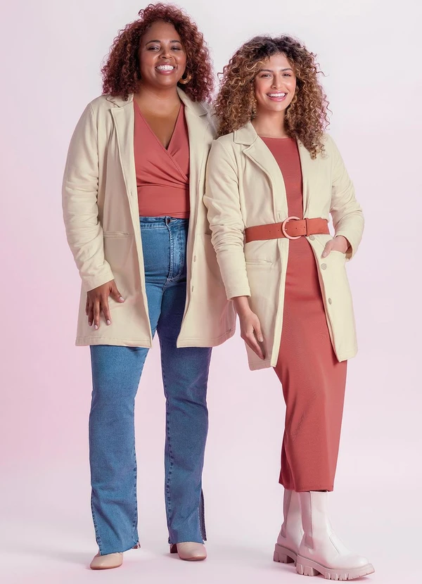 Marialícia - Trench Coat Feminina em Moletom Felpado Bege