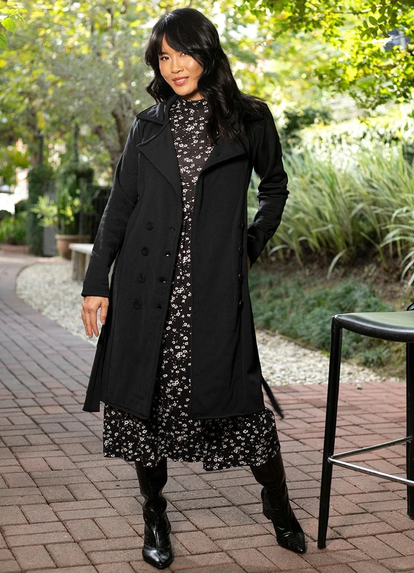 Marialícia Trench Coat Feminina em Moletom Felpado Preto