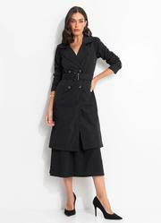 Trench Coat Preto em Tecido de Alfaiataria Sarjado
