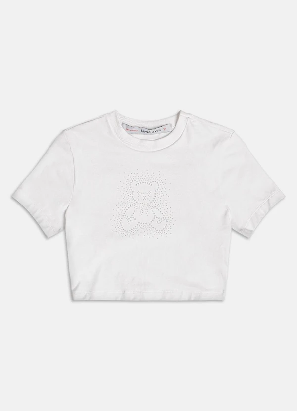 Authoria - Blusa Baby Tee com Ursinho em Strass  Off White