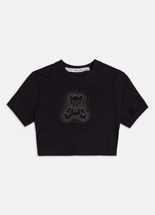 Authoria - Blusa Baby Tee com Ursinho em Strass  Preto
