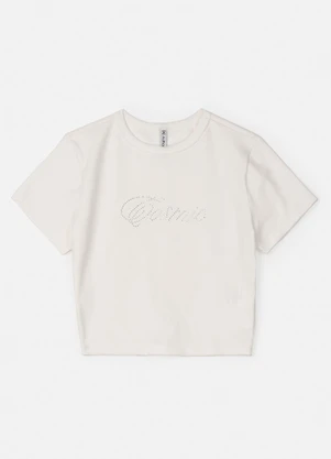 Authoria - Blusa Baby Tee Off White com Strass Off White - AUTHORIA