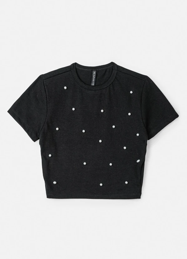 Authoria - Blusa Baby Tee Preta com Pérolas Preto