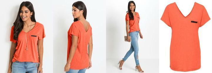 Blusa Bsica com Fio Metalizado no Bolso Laranja