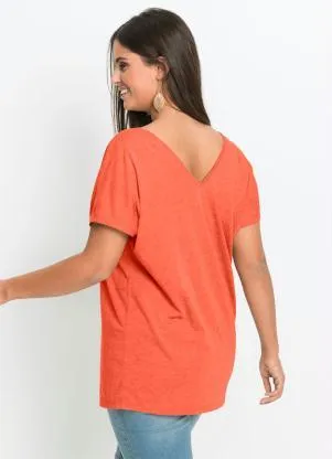 bonprix - Blusa Básica com Fio Metalizado no Bolso Laranja - BONPRIX
