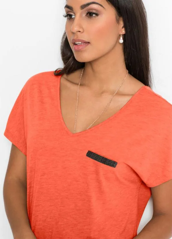 bonprix - Blusa Básica com Fio Metalizado no Bolso Laranja 3