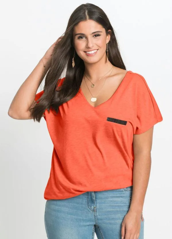 bonprix - Blusa Básica com Fio Metalizado no Bolso Laranja 6