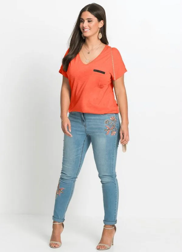 bonprix - Blusa Básica com Fio Metalizado no Bolso Laranja 8