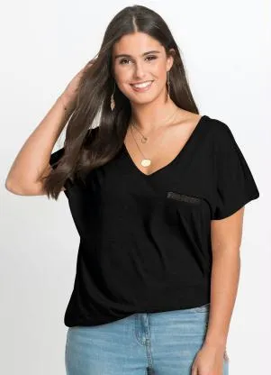bonprix - Blusa Básica com Fio Metalizado no Bolso Preta - BONPRIX