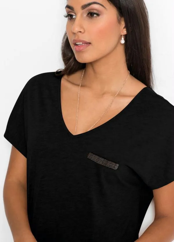 bonprix - Blusa Básica com Fio Metalizado no Bolso Preta 3