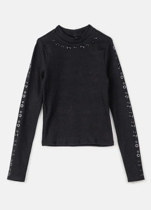 Authoria - Blusa Canelada Black com Ilhós Preto - AUTHORIA